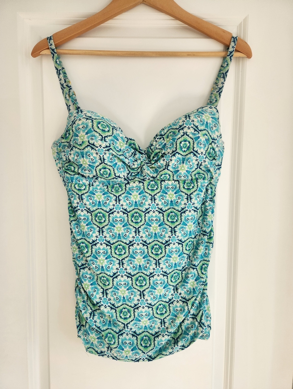 Helen Jon Ruched Underwire Tankini Top Blue Green Geometric Floral Print Size M